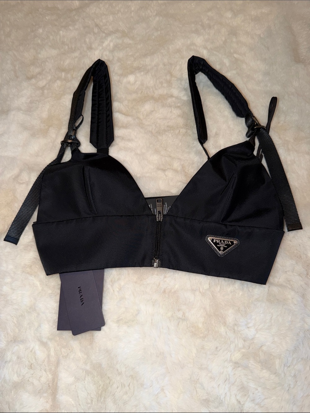 Prada Black Front-Zip Triangle Bralette